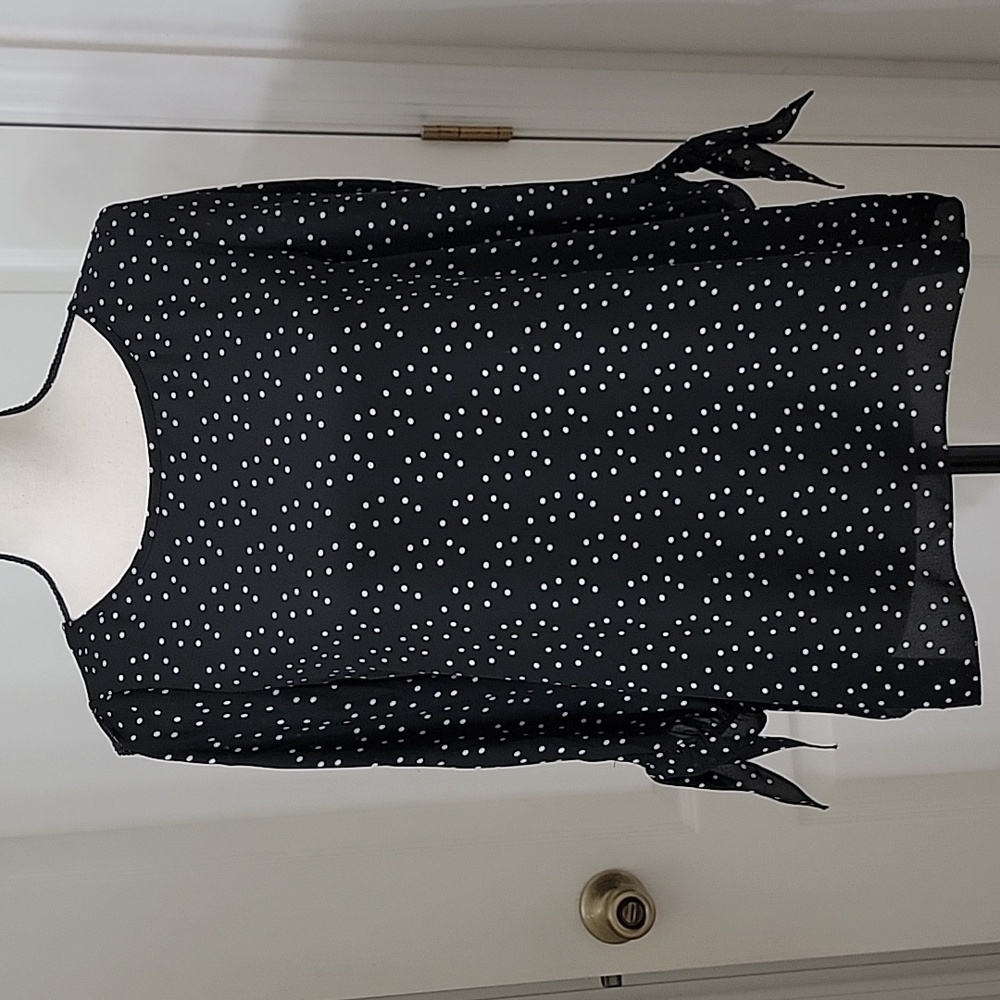 Max Studio Size XS Black with White Polka Dot Split Sleeve with Tie End Blouse